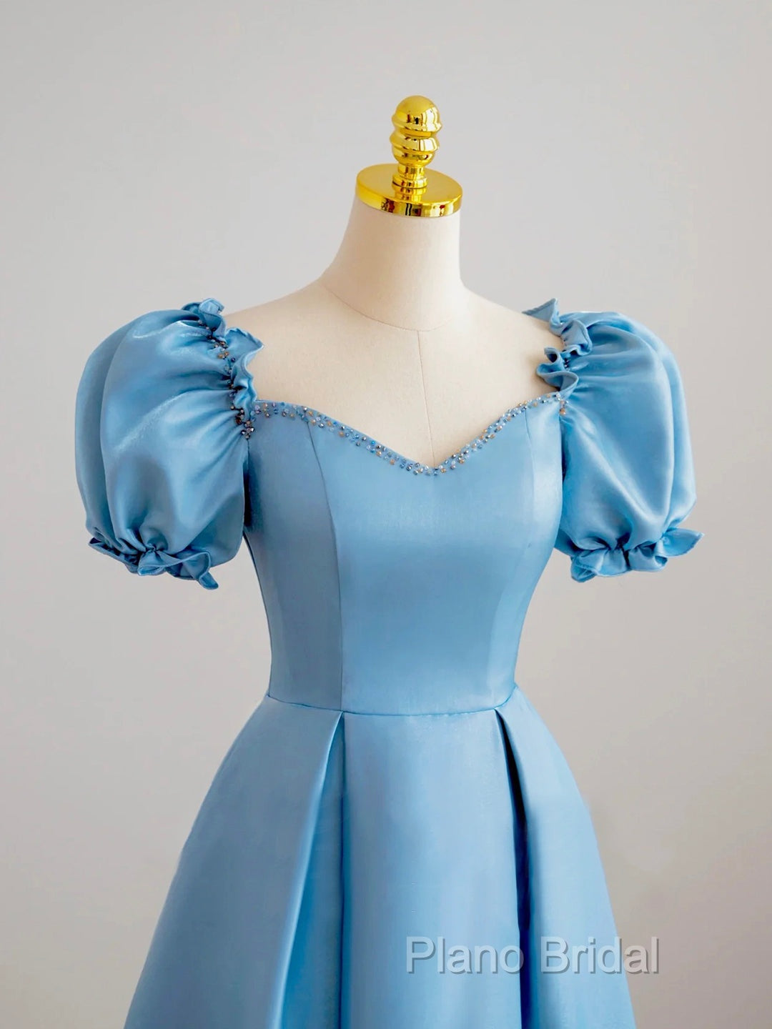 Blue Satin Beaded Floor Length Formal Prom Dresses, Blue A-Line Short Sleeve Formal Dresses Secondary image