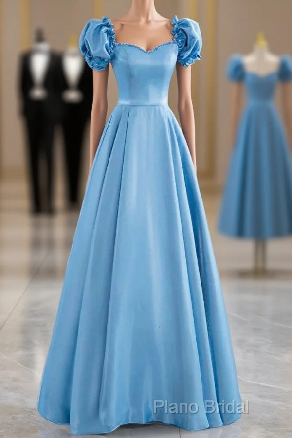 Blue Satin Beaded Floor Length Formal Prom Dresses, Blue A-Line Short Sleeve Formal Dresses Main image