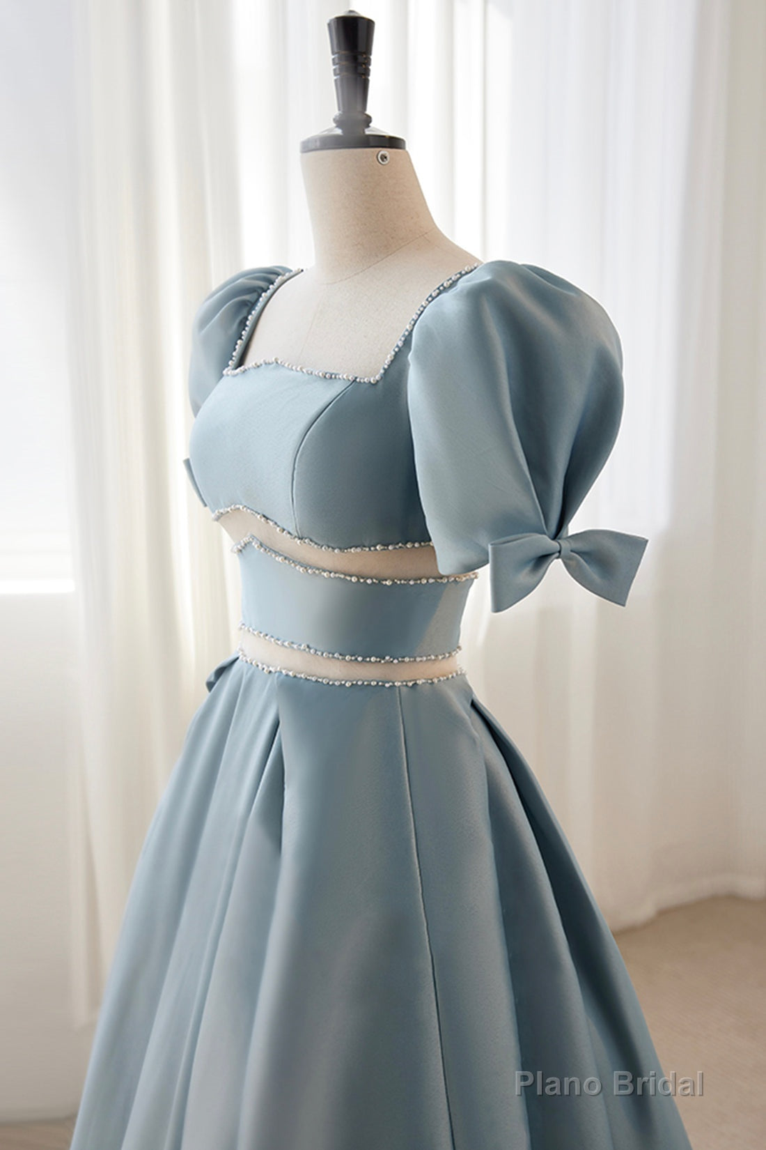 Blue Satin Beaded Long Prom Dress, Blue Short Sleeve Evening Dress Secondary image