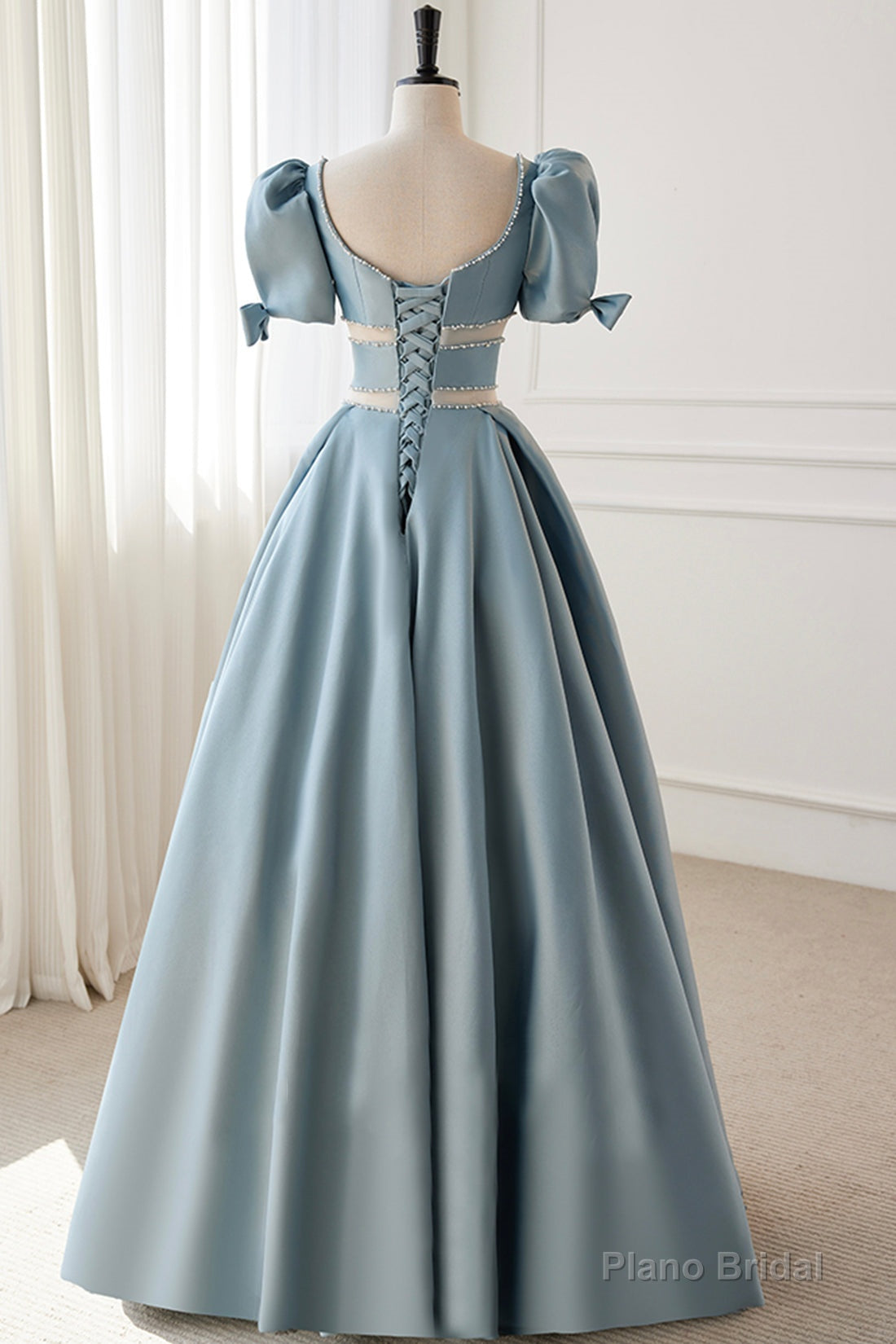Blue Satin Beaded Long Prom Dress, Blue Short Sleeve Evening Dress Main image