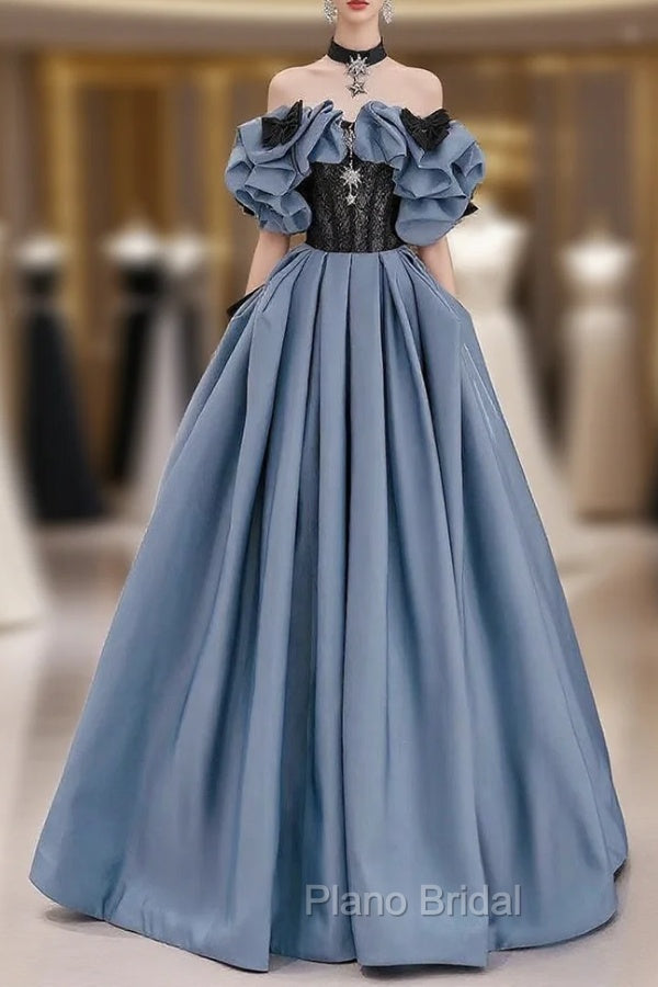 Blue Satin Black Lace Strapless Formal Prom Dresses