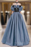 Blue Satin Black Lace Strapless Formal Prom Dresses
