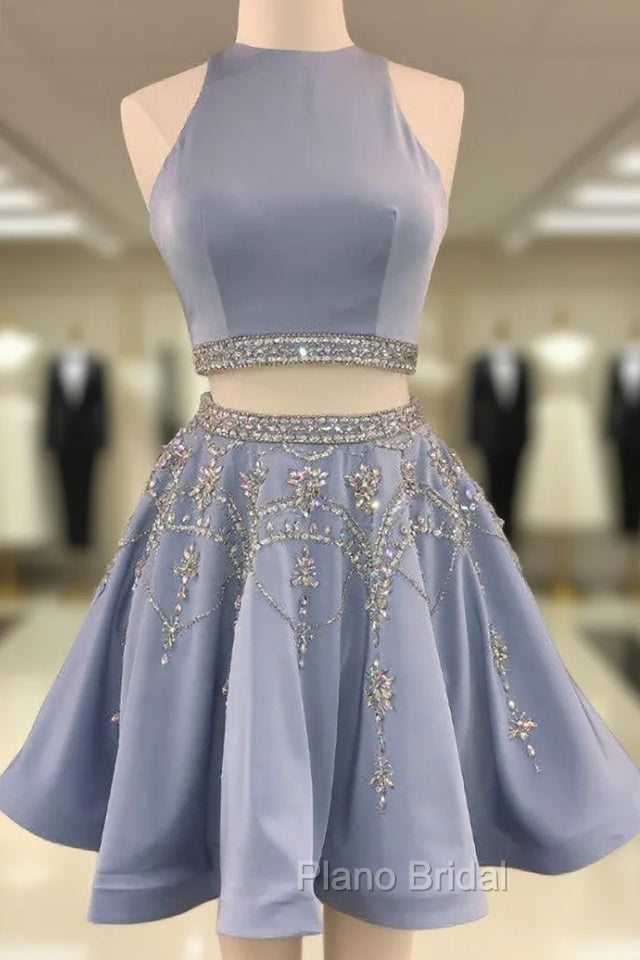 Blue Satin Crystal Beaded Skirt Two Piece Short Homecoming Dresses Main image