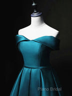 Blue Satin Cute Knee Length Short Formal Prom Dresses Homecoming Dresses, Off Shoulder Formal Dresses
