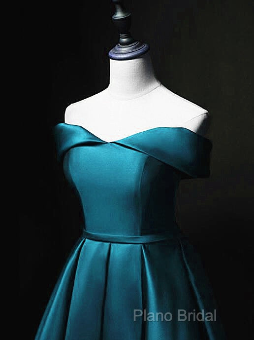 Blue Satin Cute Knee Length Short Formal Prom Dresses Homecoming Dresses, Off Shoulder Formal Dresses Secondary image