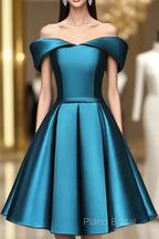 Blue Satin Cute Knee Length Short Formal Prom Dresses Homecoming Dresses, Off Shoulder Formal Dresses