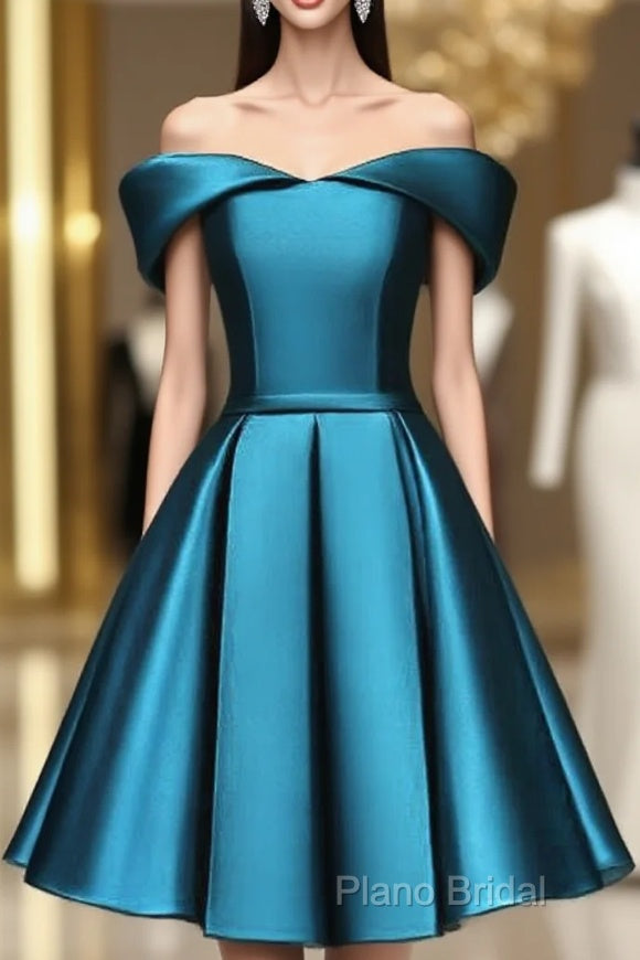 Blue Satin Cute Knee Length Short Formal Prom Dresses Homecoming Dresses, Off Shoulder Formal Dresses