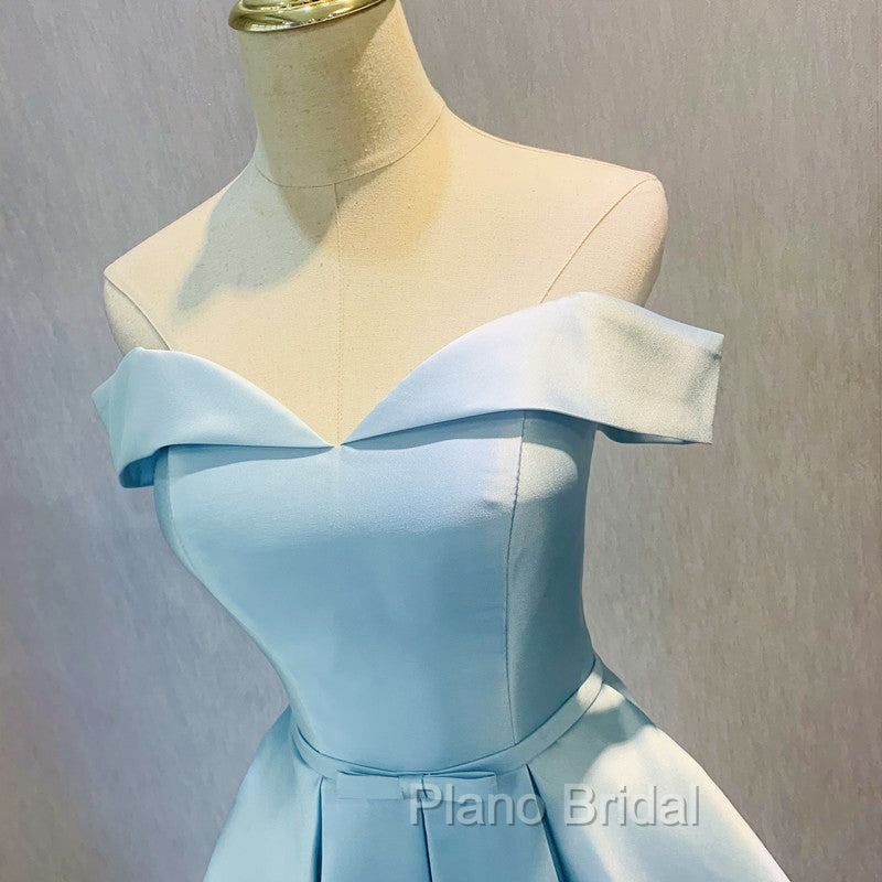 Blue Satin Cute Short Homecoming Dresses, Off Shoulder Party Dresses