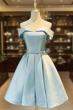 Blue Satin Cute Short Homecoming Dresses, Off Shoulder Party Dresses