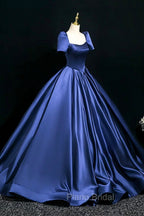 Blue Satin Floor Length Formal Dresses, Elegant Off The Shoulder Evening Party Dresses