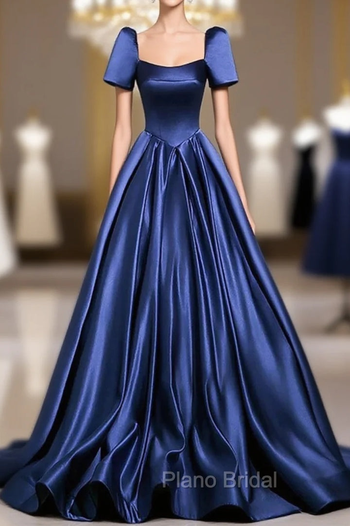 Blue Satin Floor Length Formal Dresses, Elegant Off The Shoulder Evening Party Dresses Main image