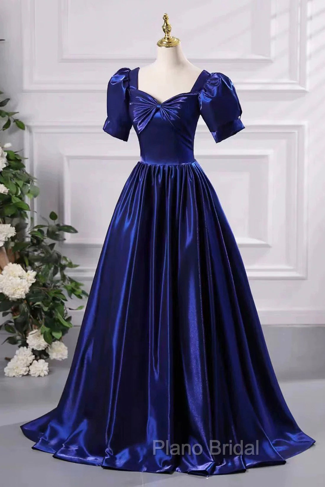 Blue Satin Floor Length Formal Prom Dresses, A-Line Short Sleeve Backless Evening Party Dresses Secondary image