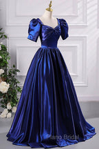 Blue Satin Floor Length Formal Prom Dresses, A-Line Short Sleeve Backless Evening Party Dresses