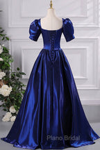 Blue Satin Floor Length Formal Prom Dresses, A-Line Short Sleeve Backless Evening Party Dresses