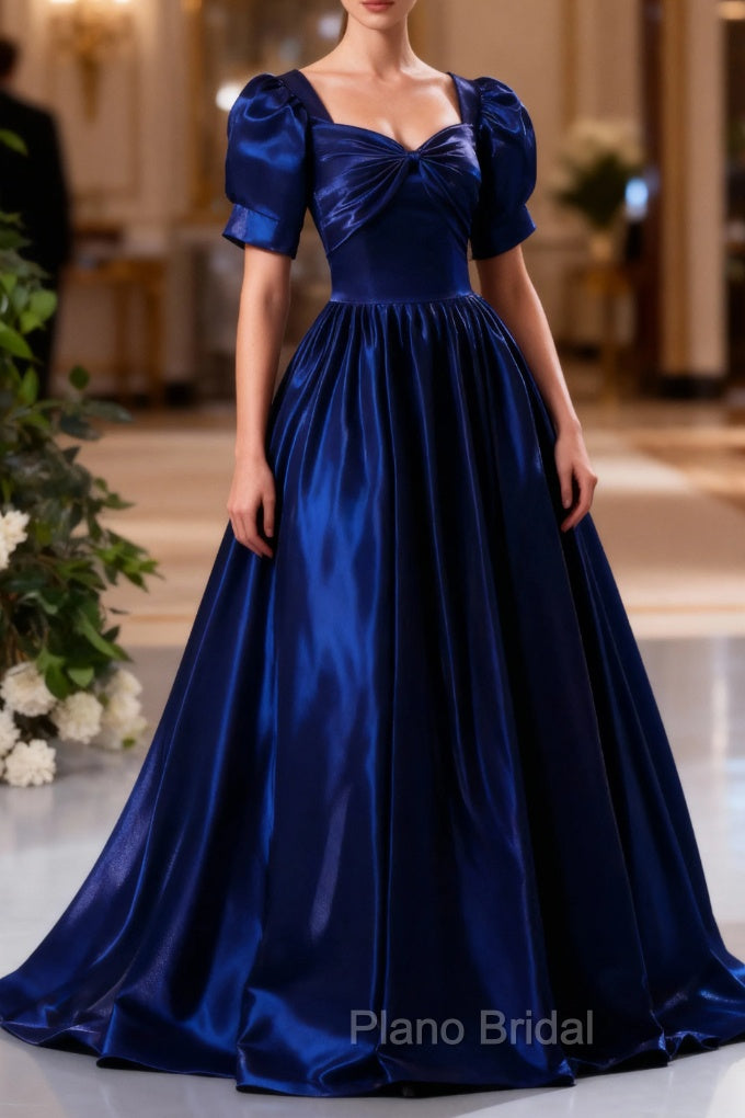 Blue Satin Floor Length Formal Prom Dresses, A-Line Short Sleeve Backless Evening Party Dresses Main image
