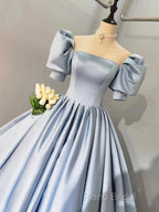 Blue Satin Floor Length Formal Prom Dresses, A-Line Short Sleeve Formal Party Dresses