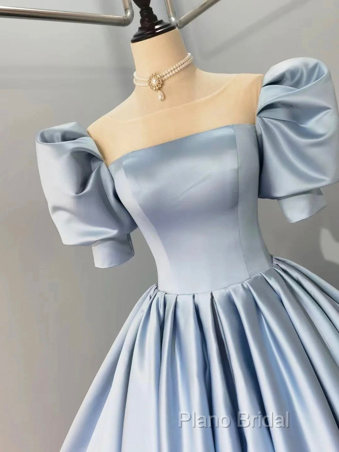 Blue Satin Floor Length Formal Prom Dresses, A-Line Short Sleeve Formal Party Dresses