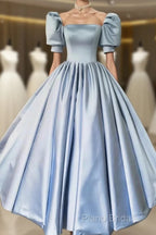 Blue Satin Floor Length Formal Prom Dresses, A-Line Short Sleeve Formal Party Dresses