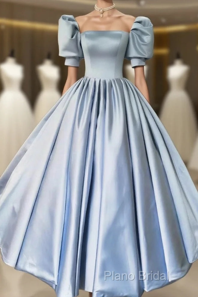 Blue Satin Floor Length Formal Prom Dresses, A-Line Short Sleeve Formal Party Dresses