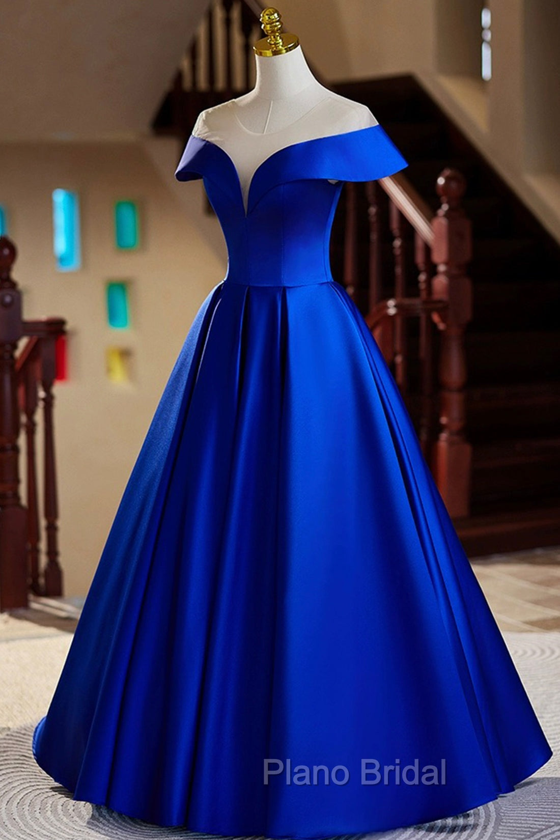 Blue Satin Floor Length Formal Prom Dresses, Elegant A-Line Evening Party Dresses