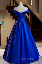 Blue Satin Floor Length Formal Prom Dresses, Elegant A-Line Evening Party Dresses