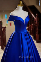 Blue Satin Floor Length Formal Prom Dresses, Elegant A-Line Evening Party Dresses