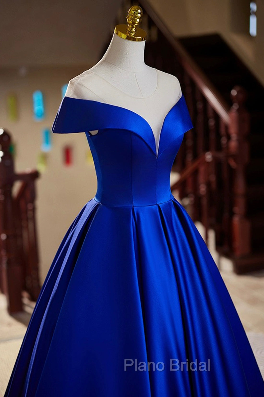 Blue Satin Floor Length Formal Prom Dresses, Elegant A-Line Evening Party Dresses
