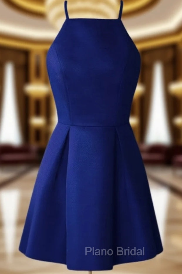 Blue Satin Halter Knee Length Bridesmaid Dresses, Royal Blue Homecoming Dresses