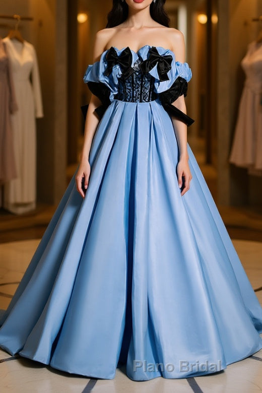 Blue satin lace long Formal Prom dress blue satin evening dress Main image
