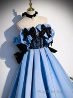 Blue satin lace long Formal Prom dress blue satin evening dress