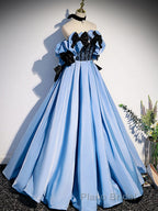 Blue satin lace long Formal Prom dress blue satin evening dress