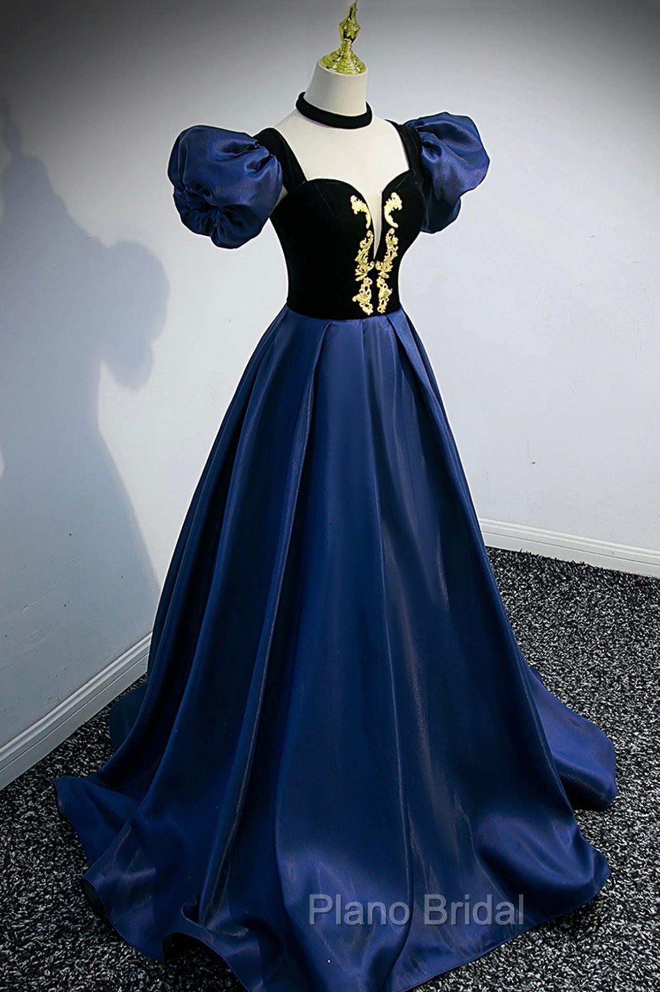 Blue Satin Lace Long Formal Prom Dresses, Blue Short Sleeve Evening Party Dresses Secondary image