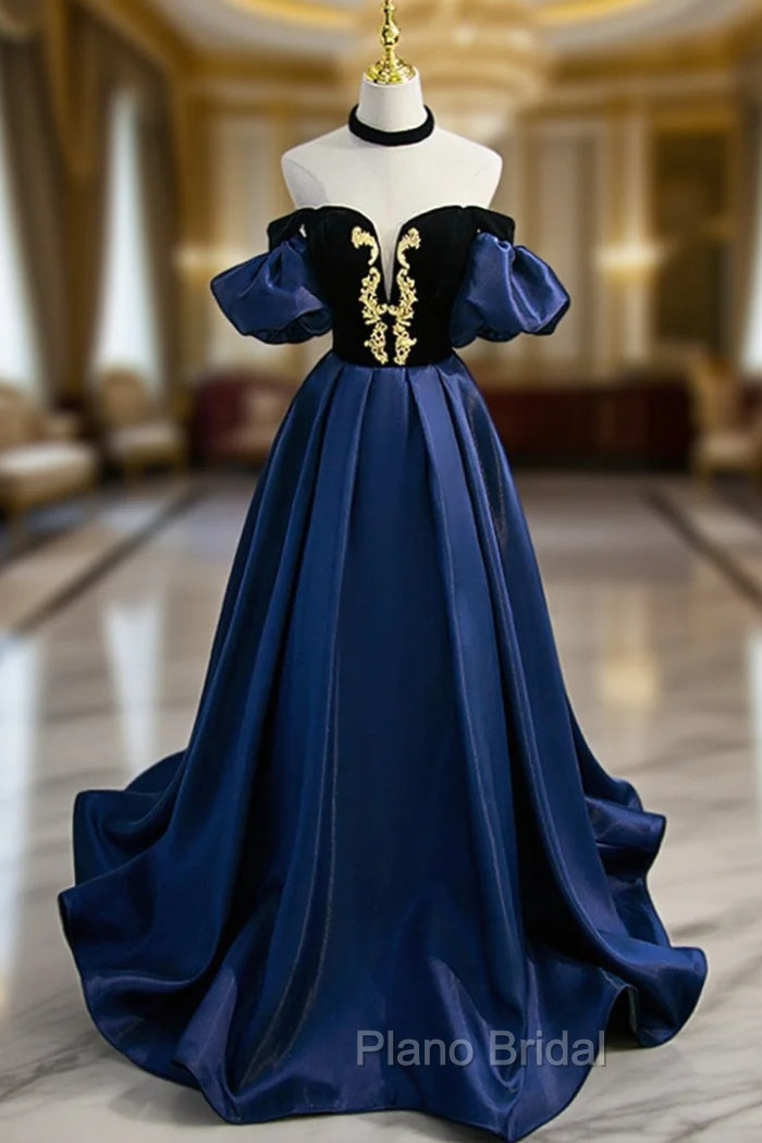 Blue Satin Lace Long Formal Prom Dresses, Blue Short Sleeve Evening Party Dresses Main image