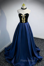 Blue Satin Lace Long Formal Prom Dresses, Blue Short Sleeve Evening Party Dresses
