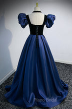 Blue Satin Lace Long Formal Prom Dresses, Blue Short Sleeve Evening Party Dresses