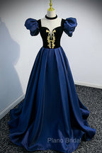 Blue Satin Lace Long Formal Prom Dresses, Blue Short Sleeve Evening Party Dresses