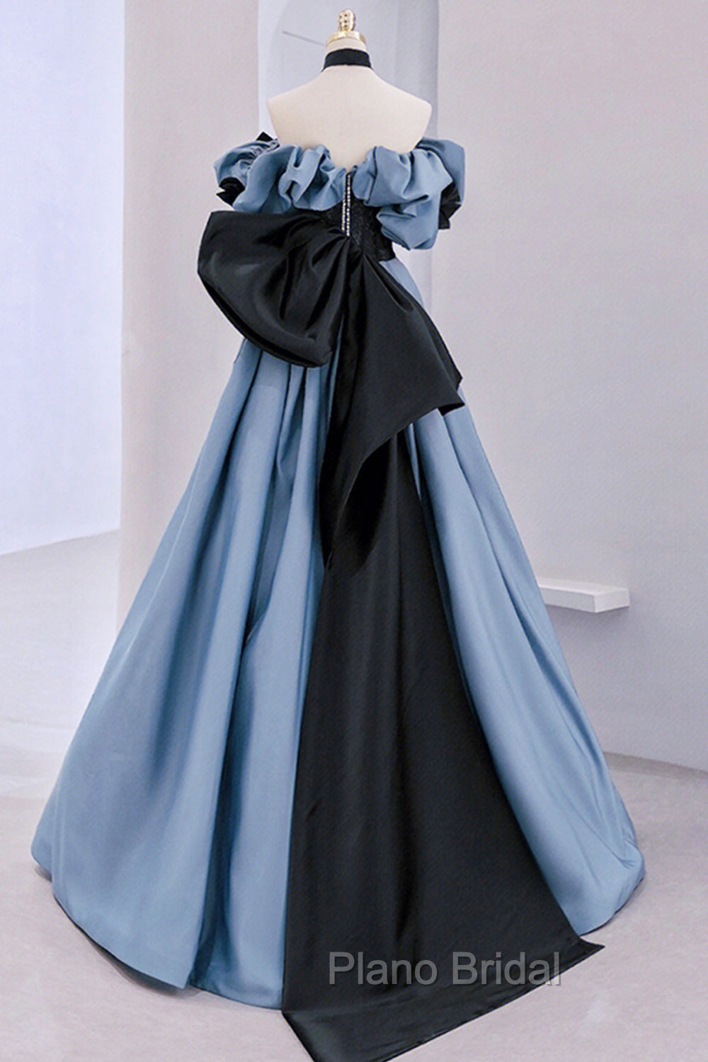 Blue Satin Lace Long Formal Prom Dresses, Off Shoulder Evening Party Dresses