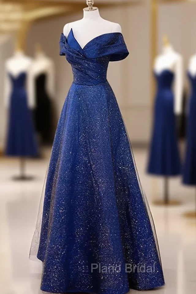 Blue Satin Long A-line Formal Dresses Formal Prom Dresses, Off Shoulder Blue Evening Dresses Secondary image
