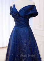 Blue Satin Long A-line Formal Dresses Formal Prom Dresses, Off Shoulder Blue Evening Dresses
