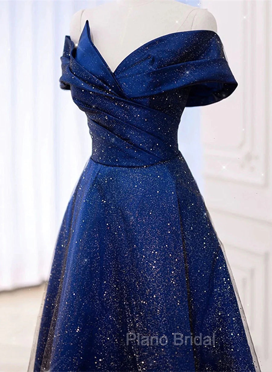 Blue Satin Long A-line Formal Dresses Formal Prom Dresses, Off Shoulder Blue Evening Dresses