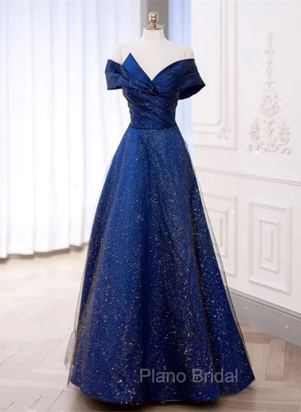 Blue Satin Long A-line Formal Dresses Formal Prom Dresses, Off Shoulder Blue Evening Dresses Main image