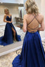 Blue Satin Long A Line Formal Prom Dresses Blue Formal Evening Dresses