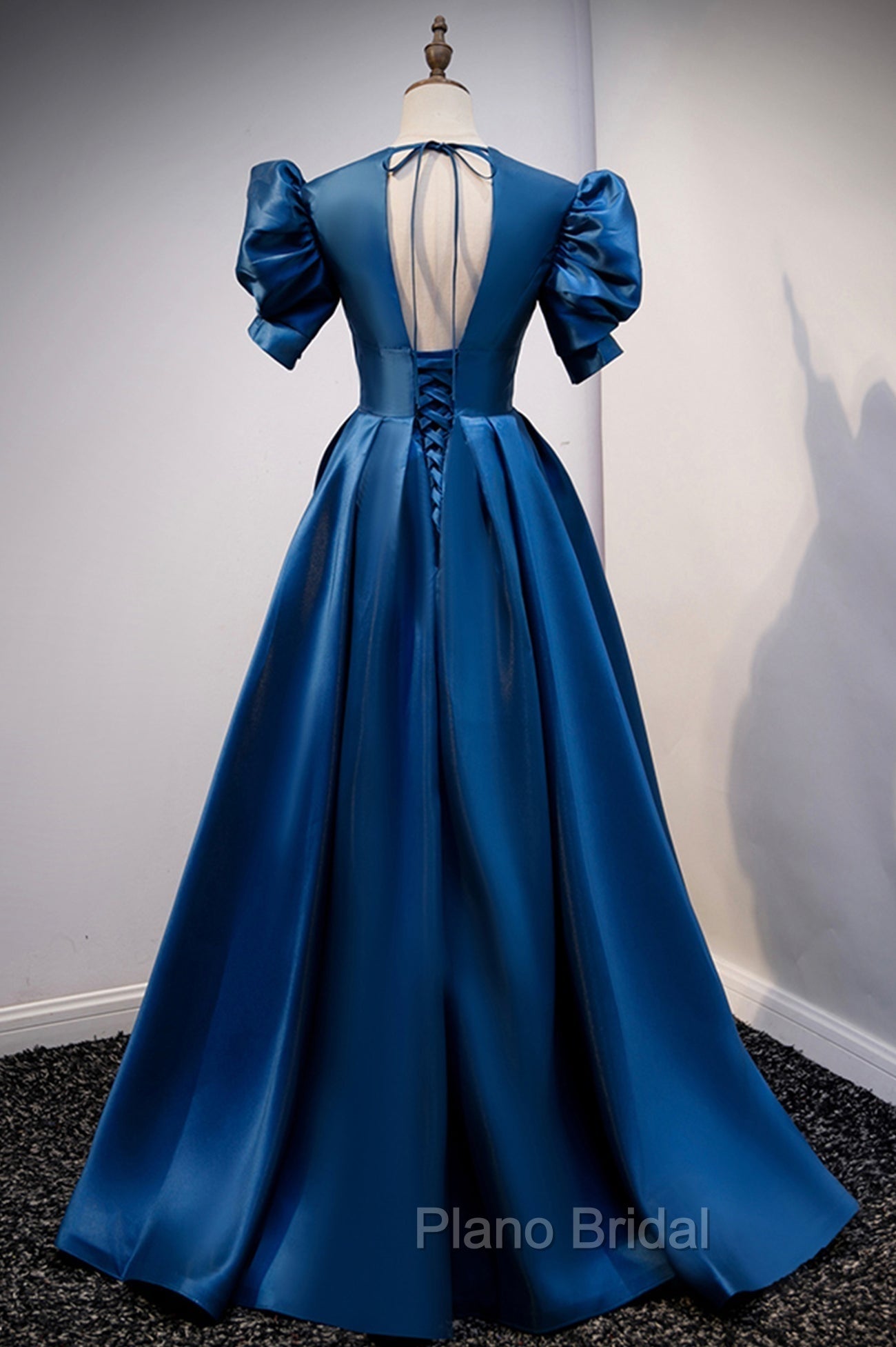 Blue Satin Long A-Line Formal Prom Dresses, Elegant Short Sleeve Party Dresses Secondary image