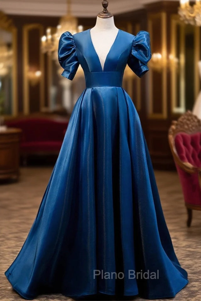Blue Satin Long A-Line Formal Prom Dresses, Elegant Short Sleeve Party Dresses Main image