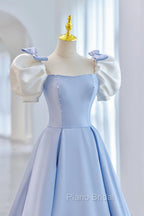Blue Satin Long A-Line Formal Prom Dresses, Lovely Short Sleeve Formal Evening Dresses
