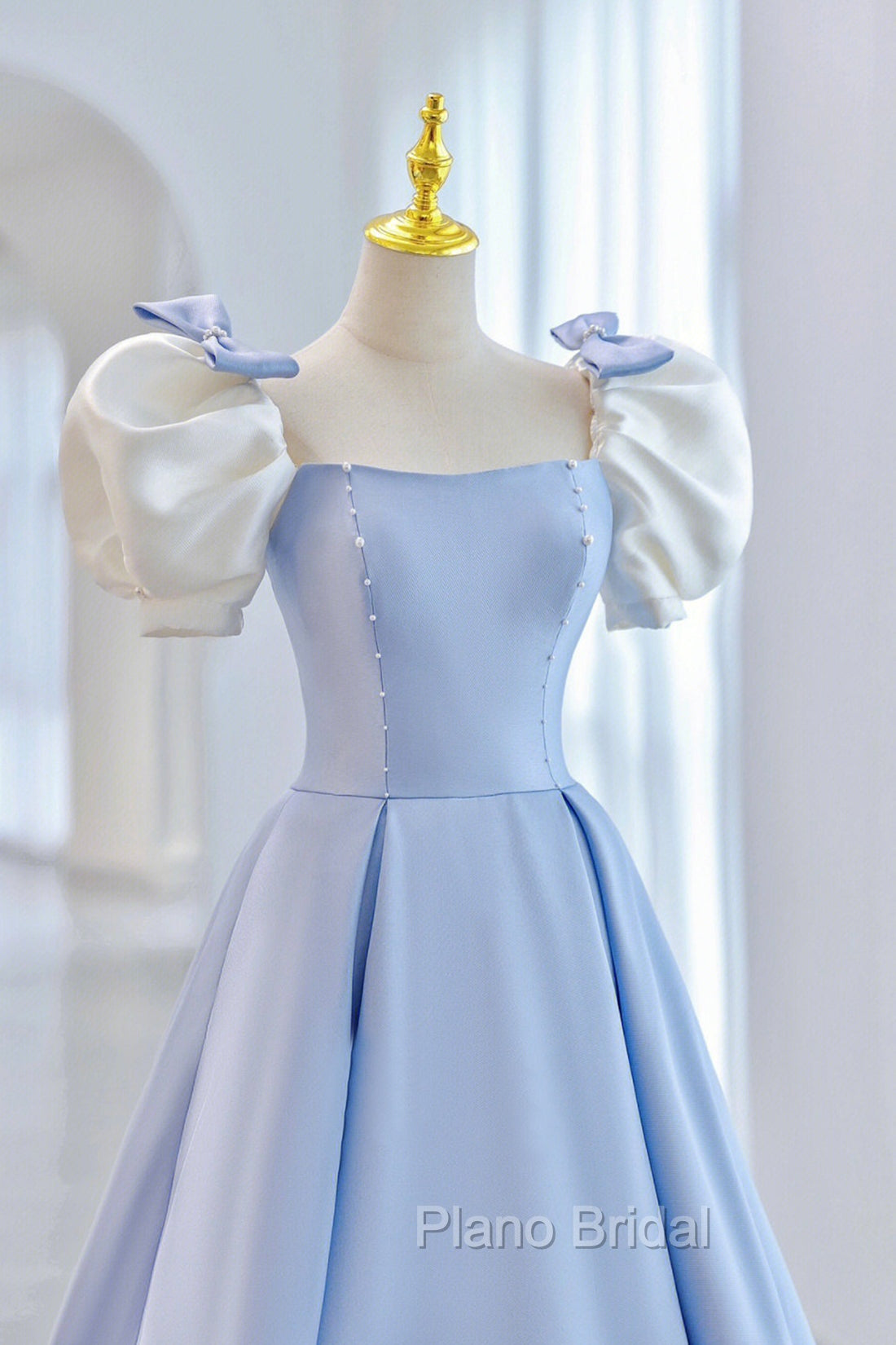 Blue Satin Long A-Line Formal Prom Dresses, Lovely Short Sleeve Formal Evening Dresses