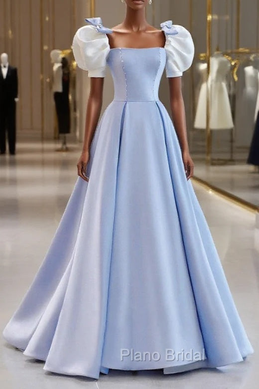 Blue Satin Long A-Line Formal Prom Dresses, Lovely Short Sleeve Formal Evening Dresses Main image