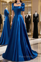 Blue Satin Long A-Line Formal Prom Dresses, Simple Blue Short Sleeve Evening Dresses