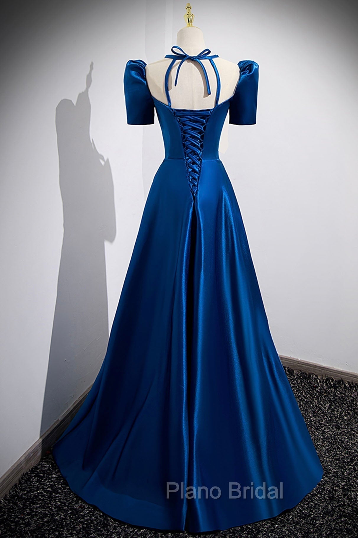 Blue Satin Long A-Line Formal Prom Dresses, Simple Blue Short Sleeve Evening Dresses
