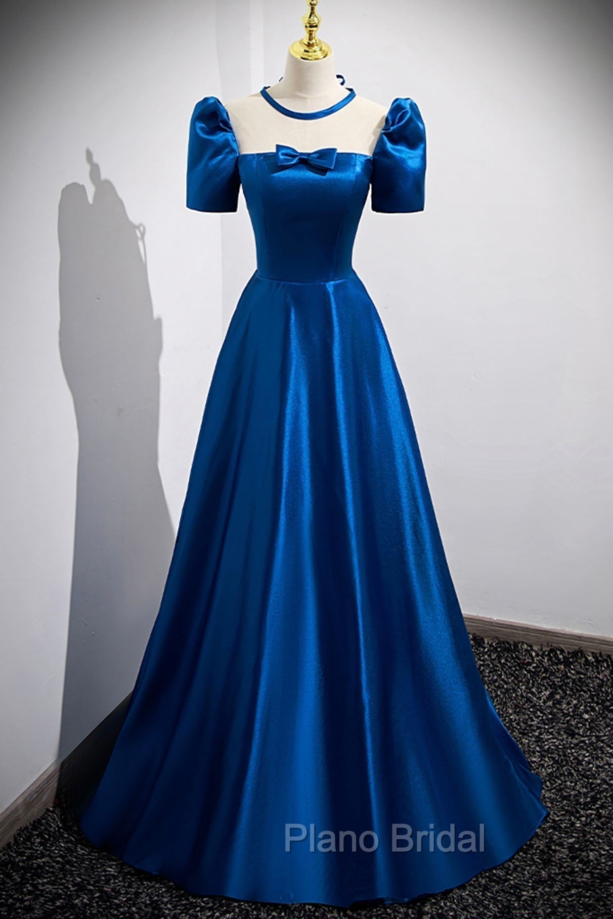 Blue Satin Long A-Line Formal Prom Dresses, Simple Blue Short Sleeve Evening Dresses